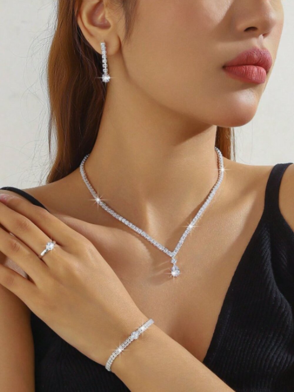 5 pcs Silver Crystal Drop Y-Style Necklace, Earrings, Bracelet, Ring Set
